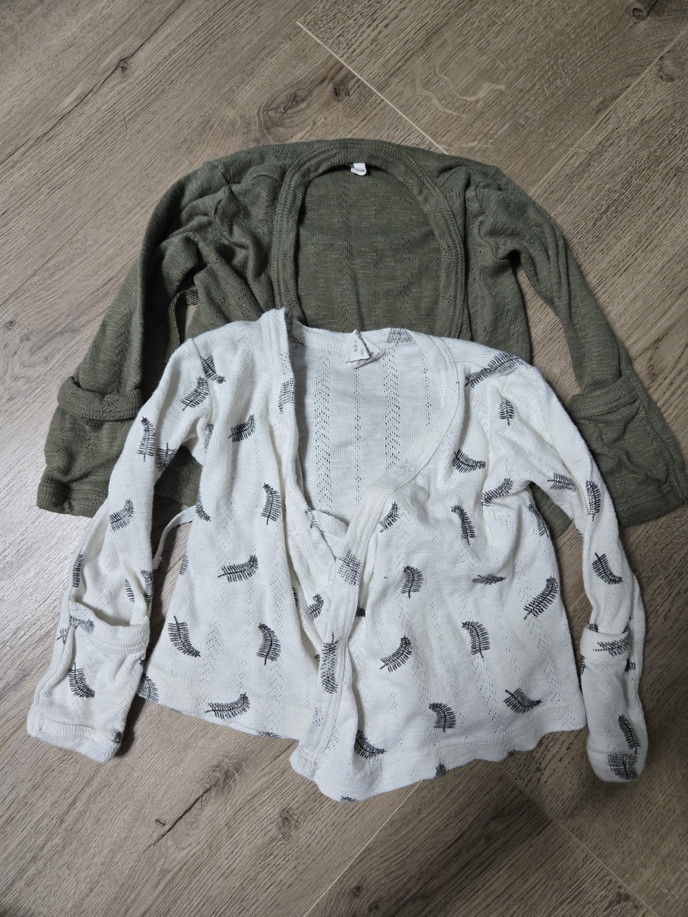 Lightweight White Feather-Print Cardigan & Olive Knit Cardigan